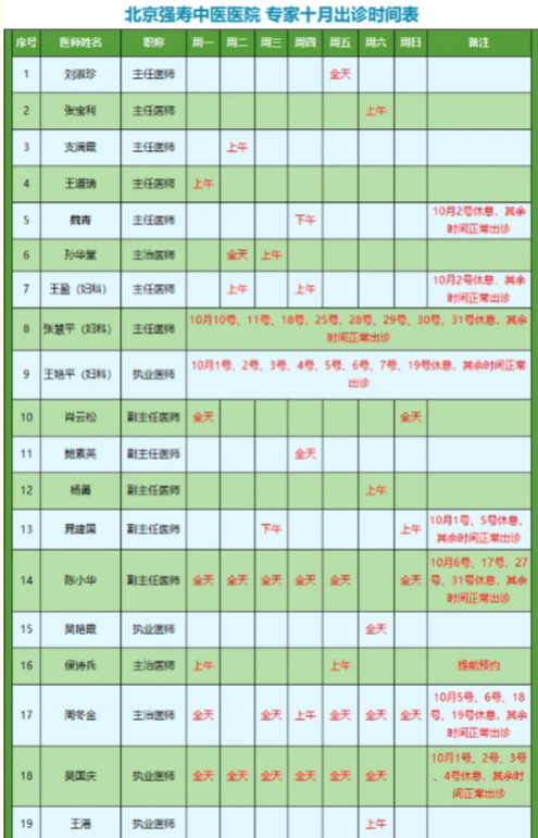 北京强寿中医医院专家十月出诊时间安排及专家简介,国庆假日正常接诊